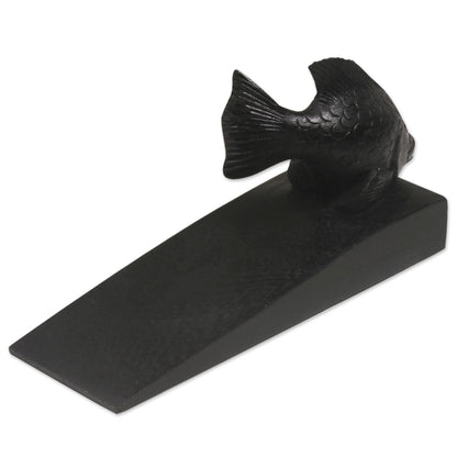 Helpful Goldfish in Black Handcrafted Suar Wood Fish Doorstop in Black from Bali