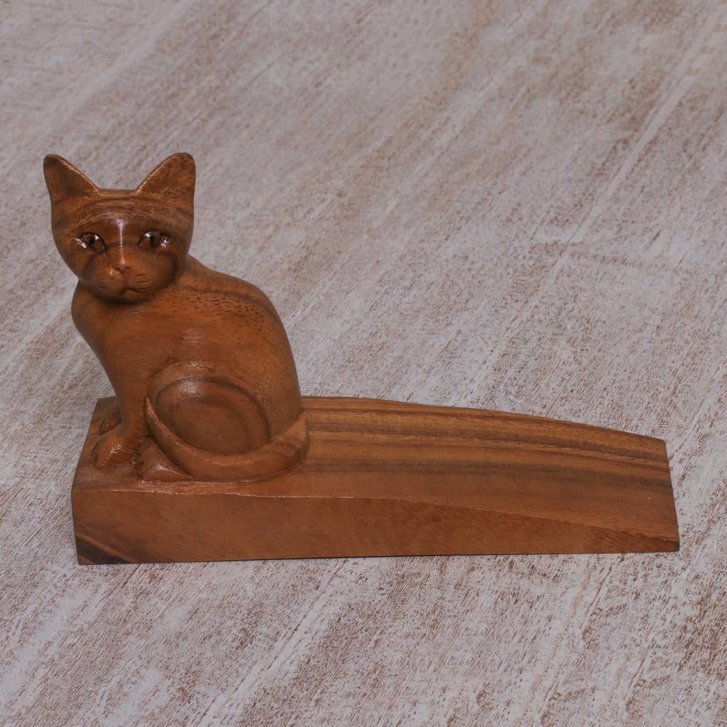 Helpful Kitten in Brown Handcrafted Suar Wood Cat Doorstop in Brown from Bali