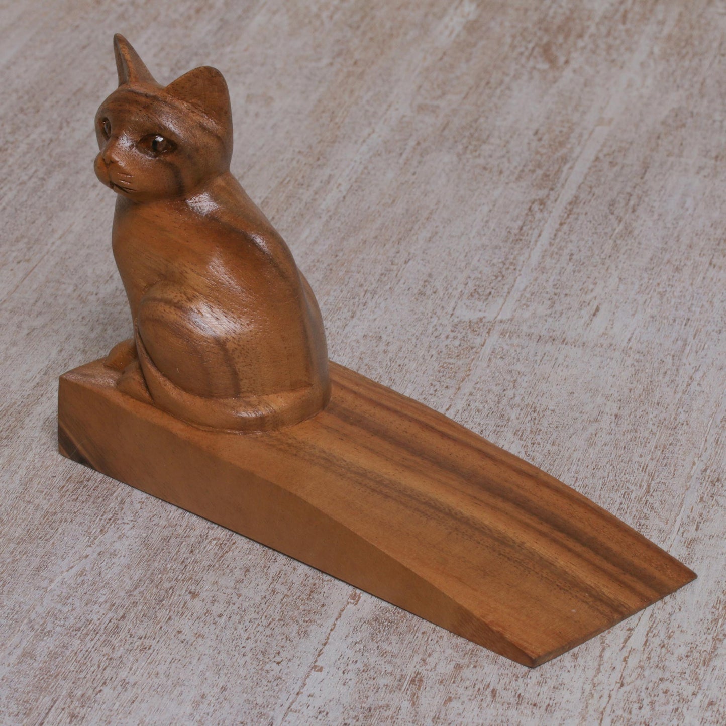 Helpful Kitten in Brown Handcrafted Suar Wood Cat Doorstop in Brown from Bali