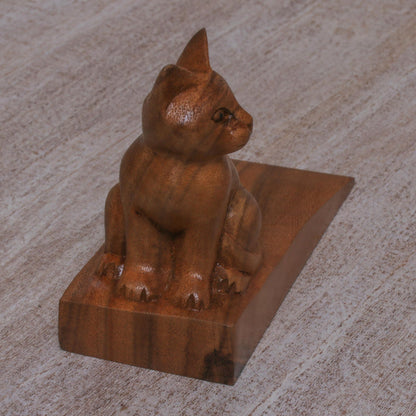 Helpful Kitten in Brown Handcrafted Suar Wood Cat Doorstop in Brown from Bali