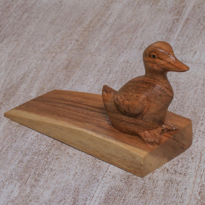 Helpful Duck in Brown Handcrafted Suar Wood Duck Doorstop in Brown from Bali