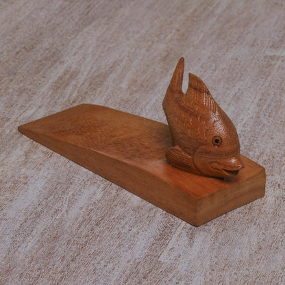 Helpful Goldfish in Brown Handcrafted Suar Wood Fish Doorstop in Brown from Bali