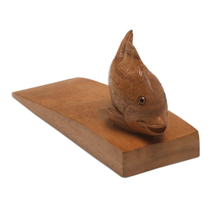 Helpful Goldfish in Brown Handcrafted Suar Wood Fish Doorstop in Brown from Bali