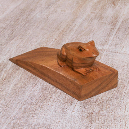 Helpful Toad in Brown Handcrafted Suar Wood Frog Doorstop in Brown from Bali