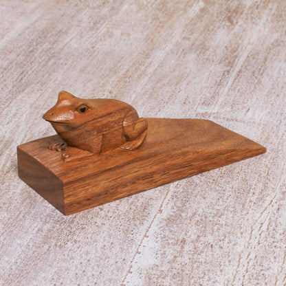 Helpful Toad in Brown Handcrafted Suar Wood Frog Doorstop in Brown from Bali