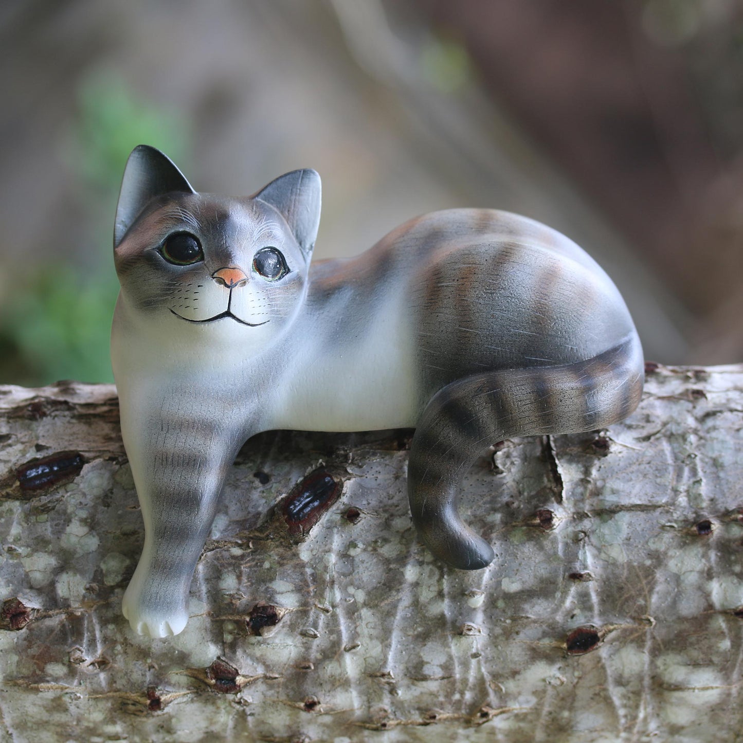 Watchful Grey Cat Painted Suar Wood Sculpture of a Grey Cat from Bali