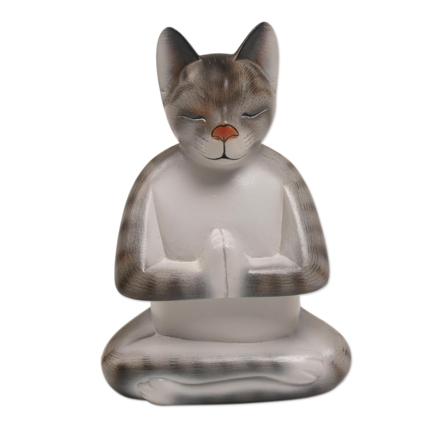 Grey Cat in Deep Meditation Painted Suar Wood Sculpture of a Meditating Cat from Bali