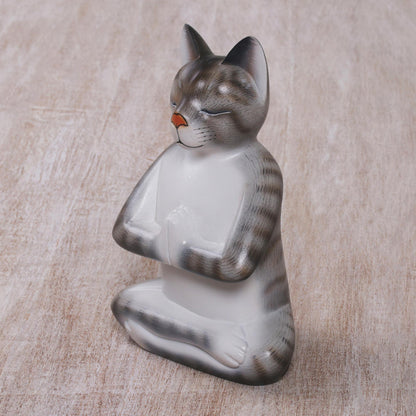 Grey Cat in Deep Meditation Painted Suar Wood Sculpture of a Meditating Cat from Bali