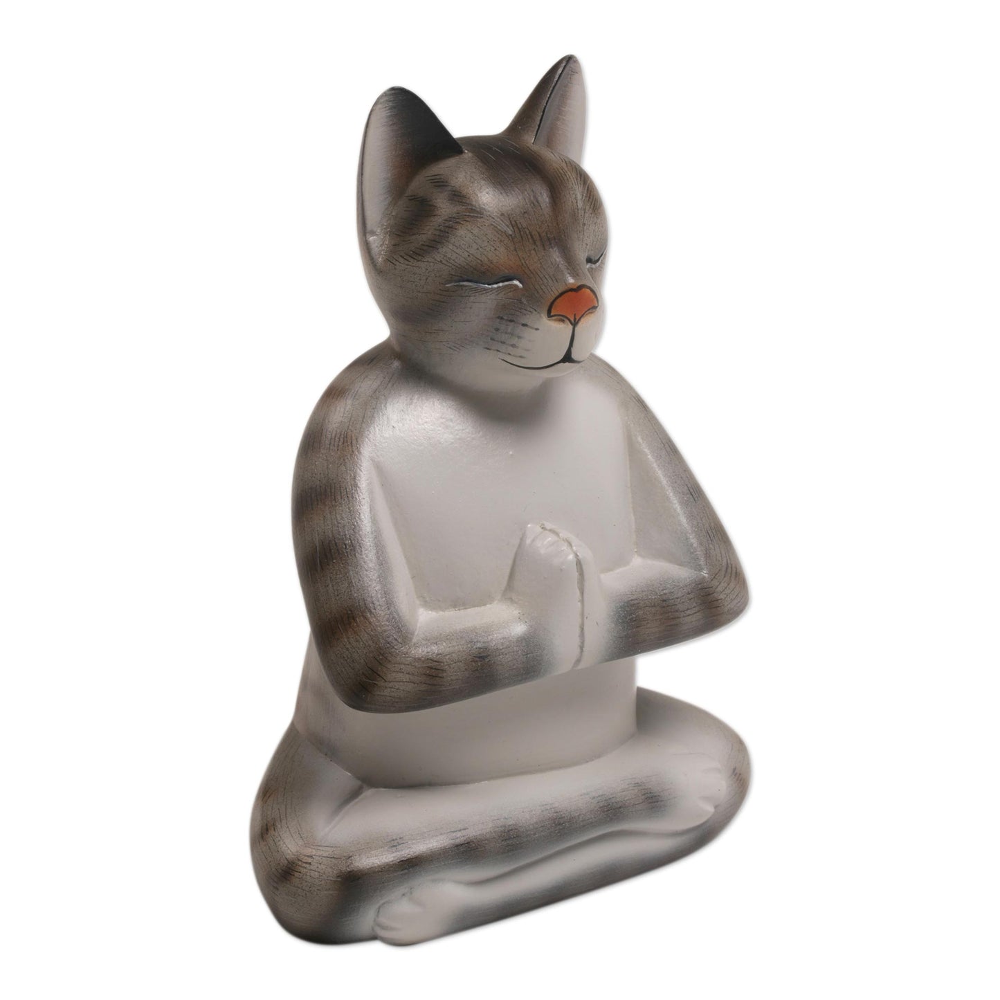 Grey Cat in Deep Meditation Painted Suar Wood Sculpture of a Meditating Cat from Bali