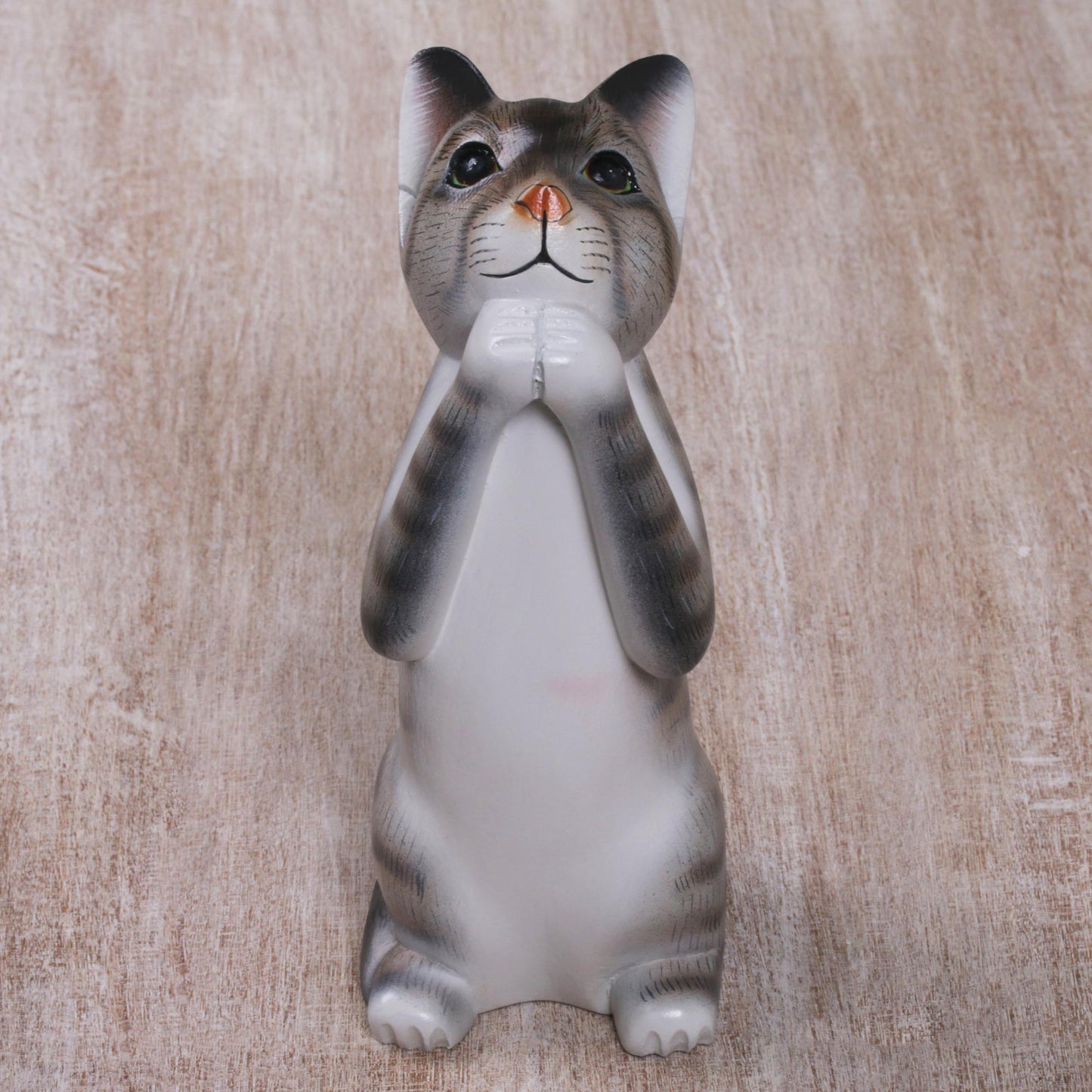 Grey Wishing Cat Painted Suar Wood Sculpture of a Wishful Grey Cat from Bali