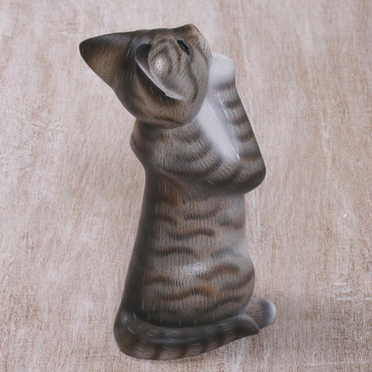 Grey Wishing Cat Painted Suar Wood Sculpture of a Wishful Grey Cat from Bali