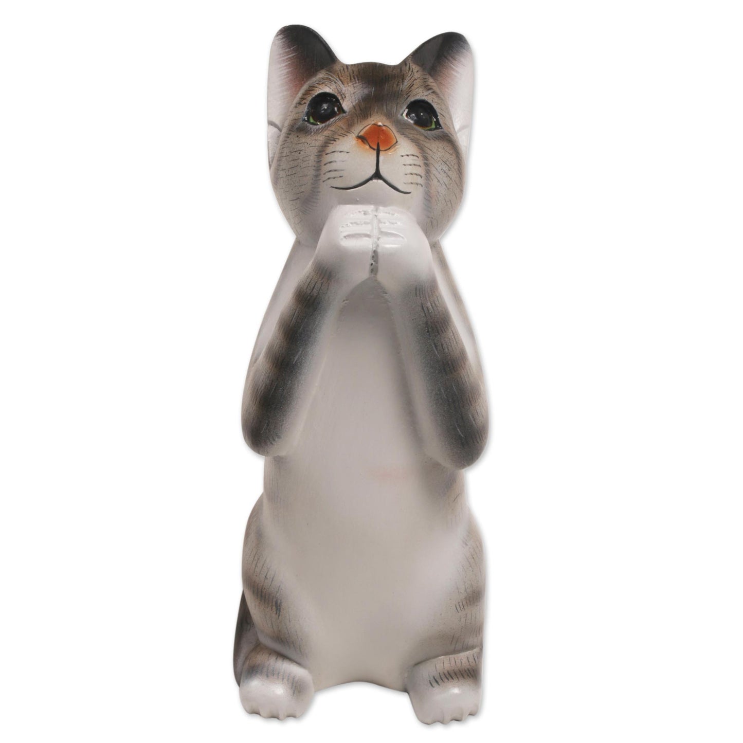 Grey Wishing Cat Painted Suar Wood Sculpture of a Wishful Grey Cat from Bali