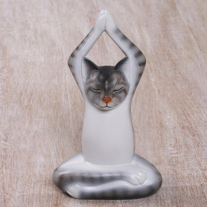 Toward the Sky Grey Yoga Cat Painted Suar Wood Sculpture of a Yoga Cat in Grey from Bali