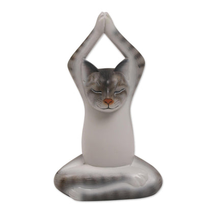 Toward the Sky Grey Yoga Cat Painted Suar Wood Sculpture of a Yoga Cat in Grey from Bali