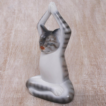 Toward the Sky Grey Yoga Cat Painted Suar Wood Sculpture of a Yoga Cat in Grey from Bali