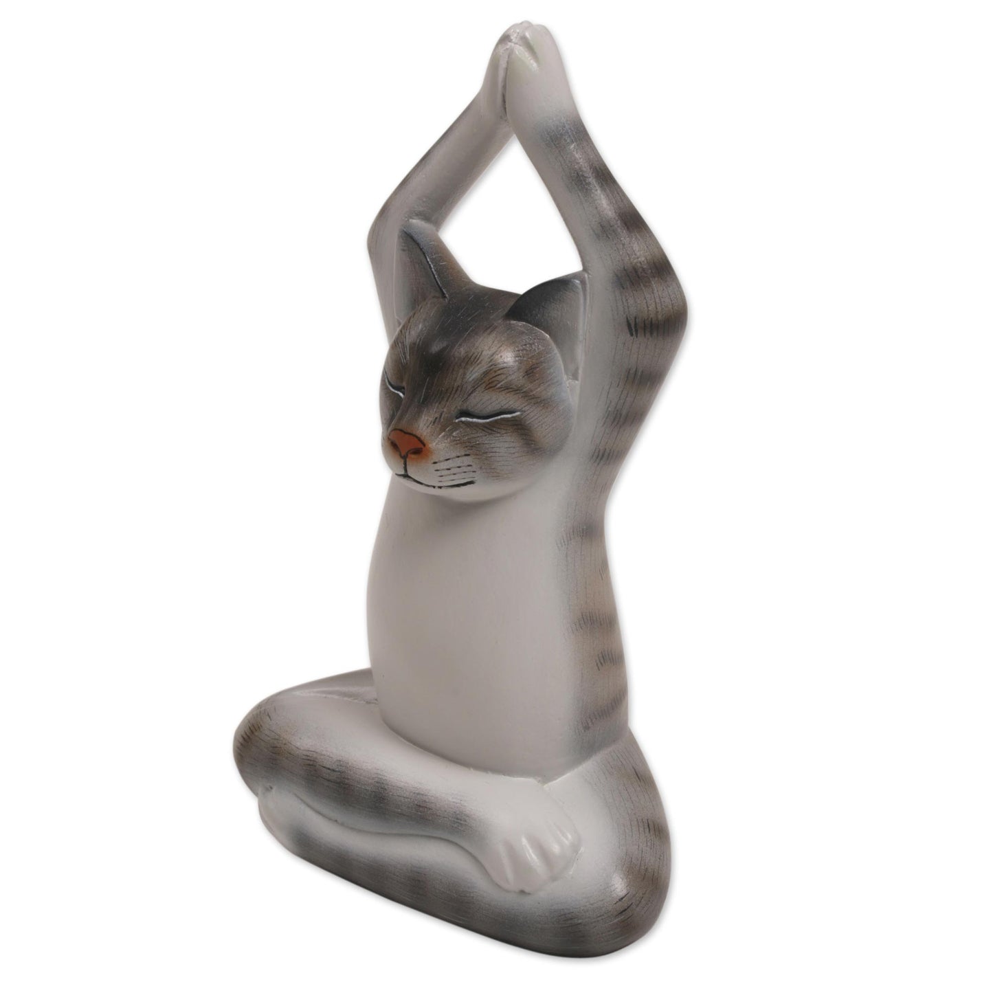 Toward the Sky Grey Yoga Cat Painted Suar Wood Sculpture of a Yoga Cat in Grey from Bali