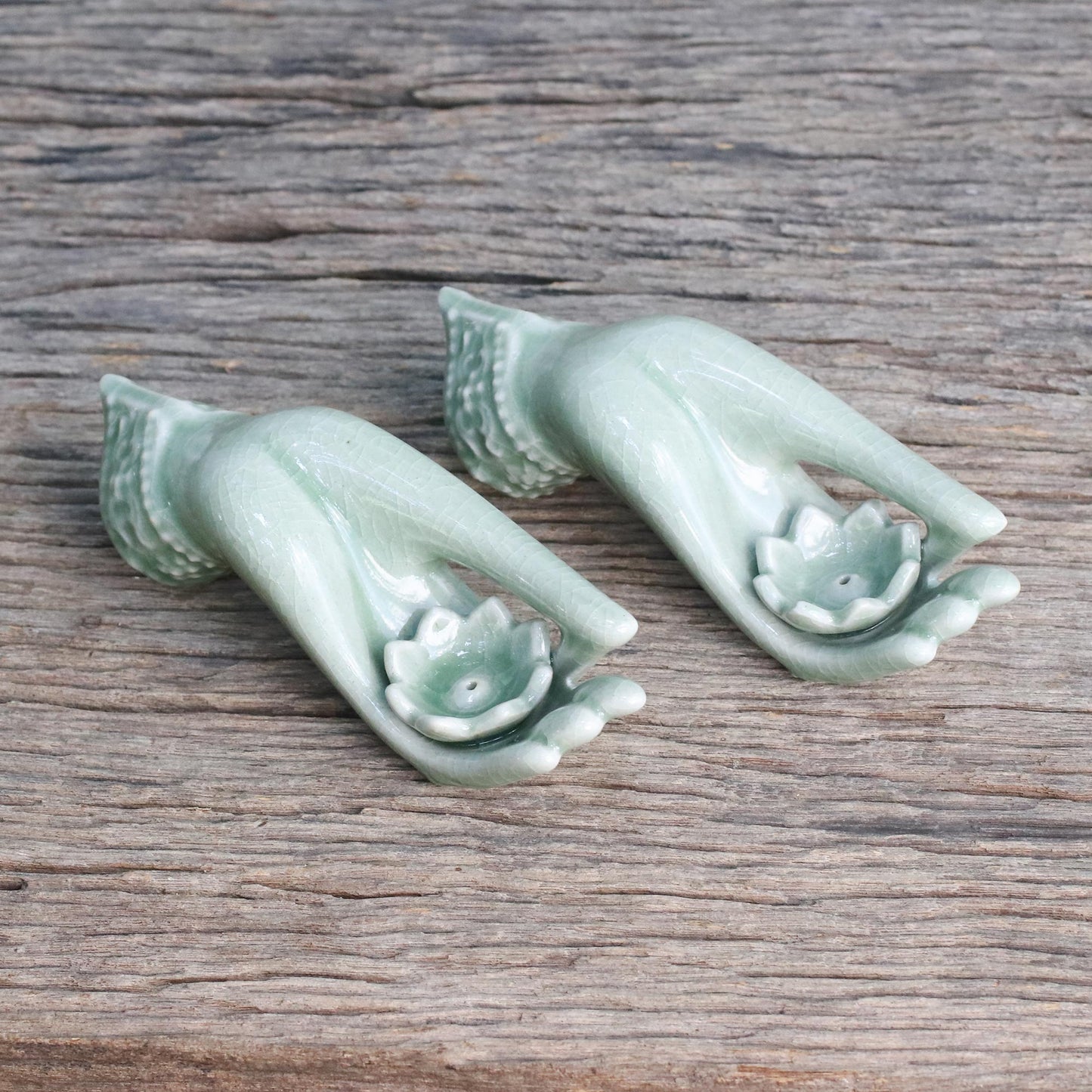 Thai Dance Hands Light Green Celadon Incense Holders Set of 2 from Thailand