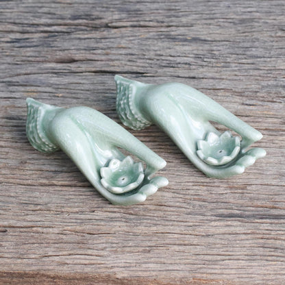 Thai Dance Hands Light Green Celadon Incense Holders Set of 2 from Thailand