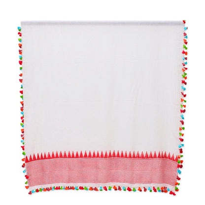 Pop of Color Loom Woven 100% Cotton White and Red Shawl from India