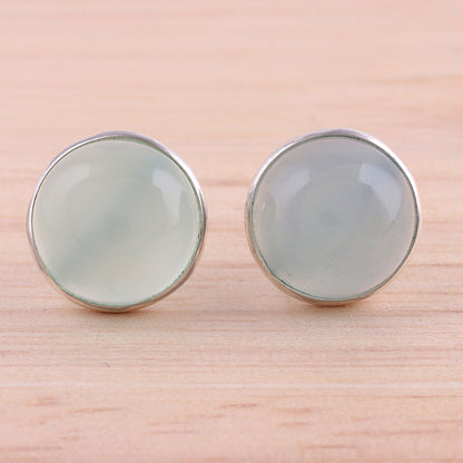 Moonlight Peace Aqua Chalcedony Round Button Earrings from India