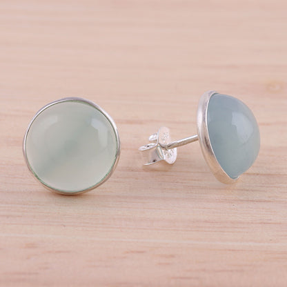 Moonlight Peace Aqua Chalcedony Round Button Earrings from India