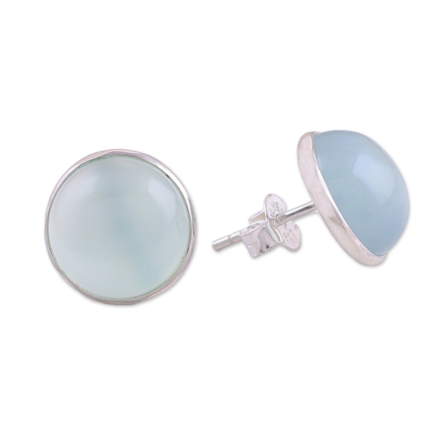 Moonlight Peace Aqua Chalcedony Round Button Earrings from India