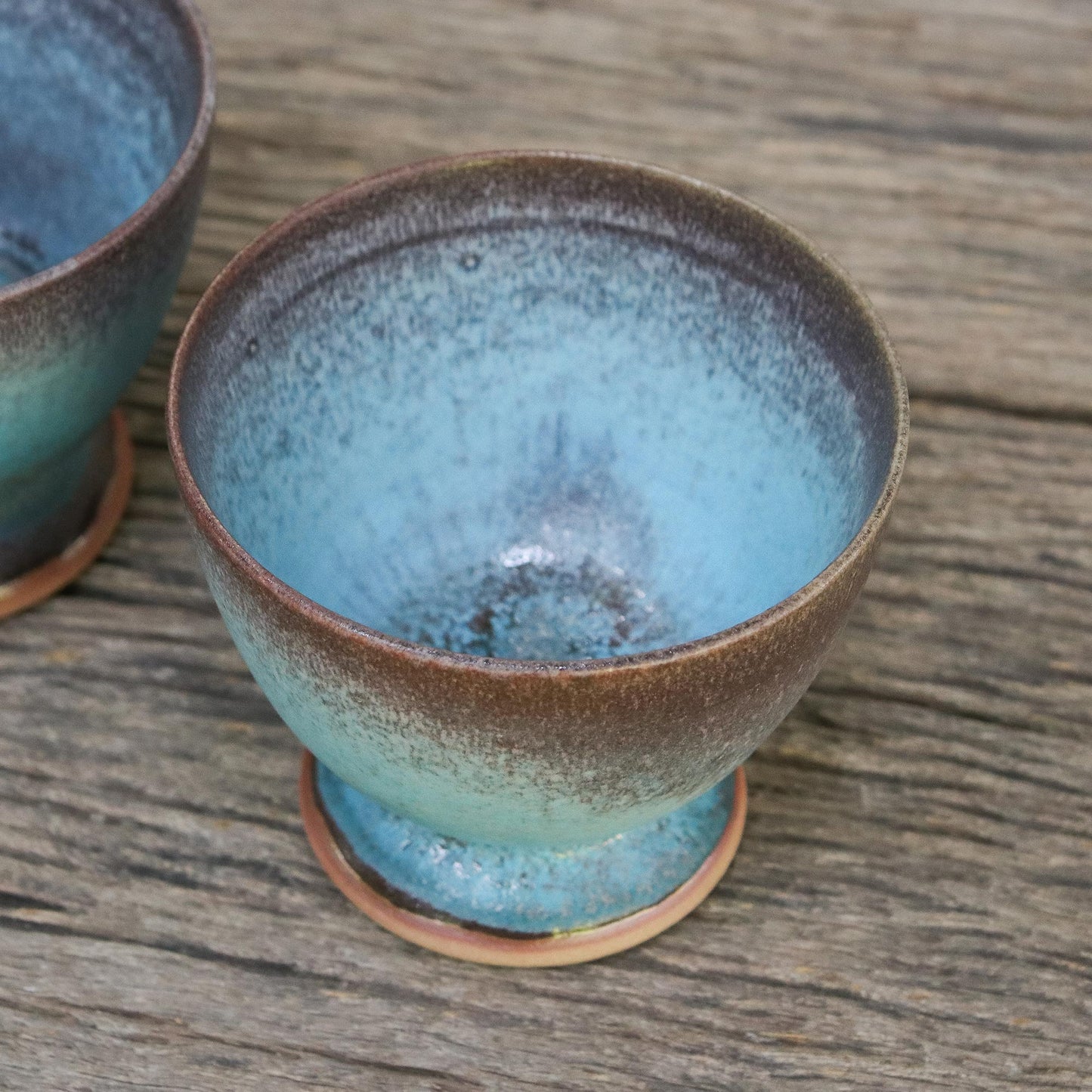 Serene Seas Turquoise and Brown Footed Ceramic Teacups (Pair)