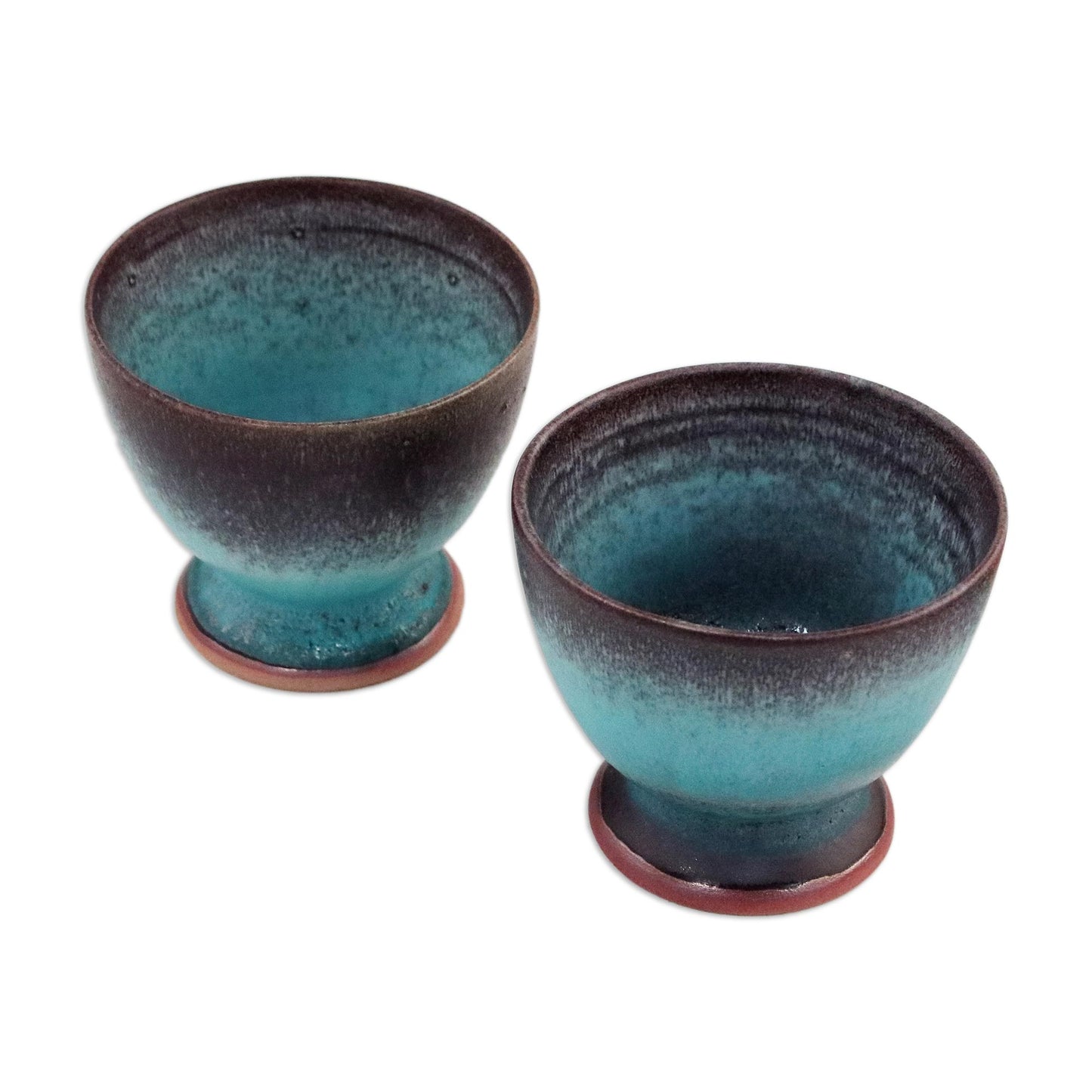 Serene Seas Turquoise and Brown Footed Ceramic Teacups (Pair)