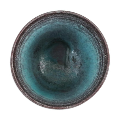 Serene Seas Turquoise and Brown Footed Ceramic Teacups (Pair)