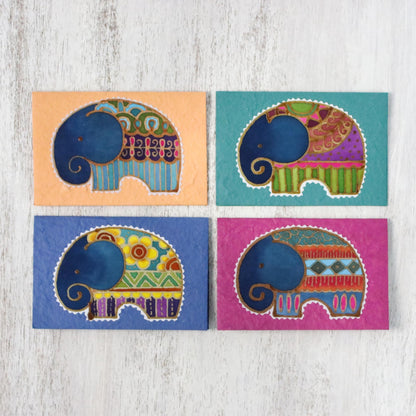 Excited Elephants Set of 4 Batik Cotton and Paper Elephant Greeting Cards