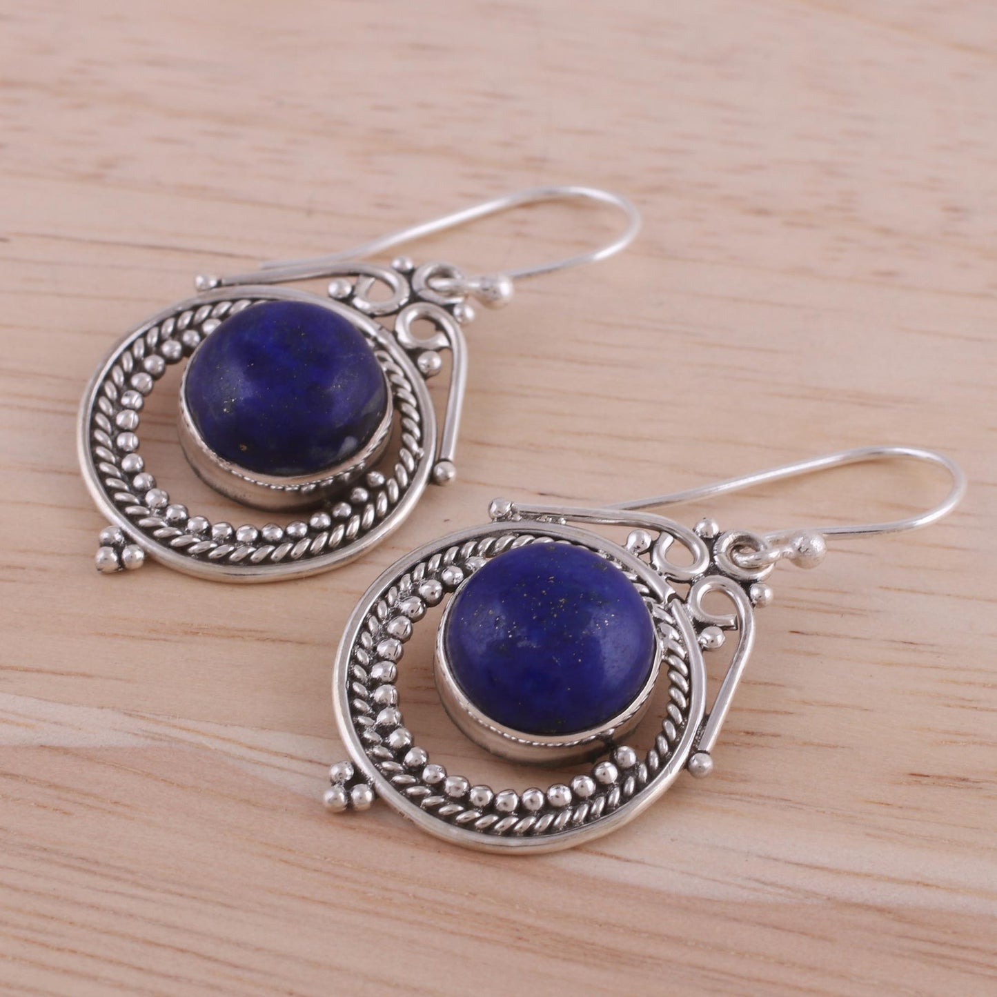 Elegant Globes Lapis Lazuli and Sterling Silver Dangle Earrings from India