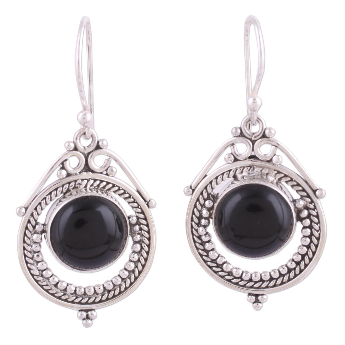 Elegant Globes Onyx and Sterling Silver Dangle Earrings from India