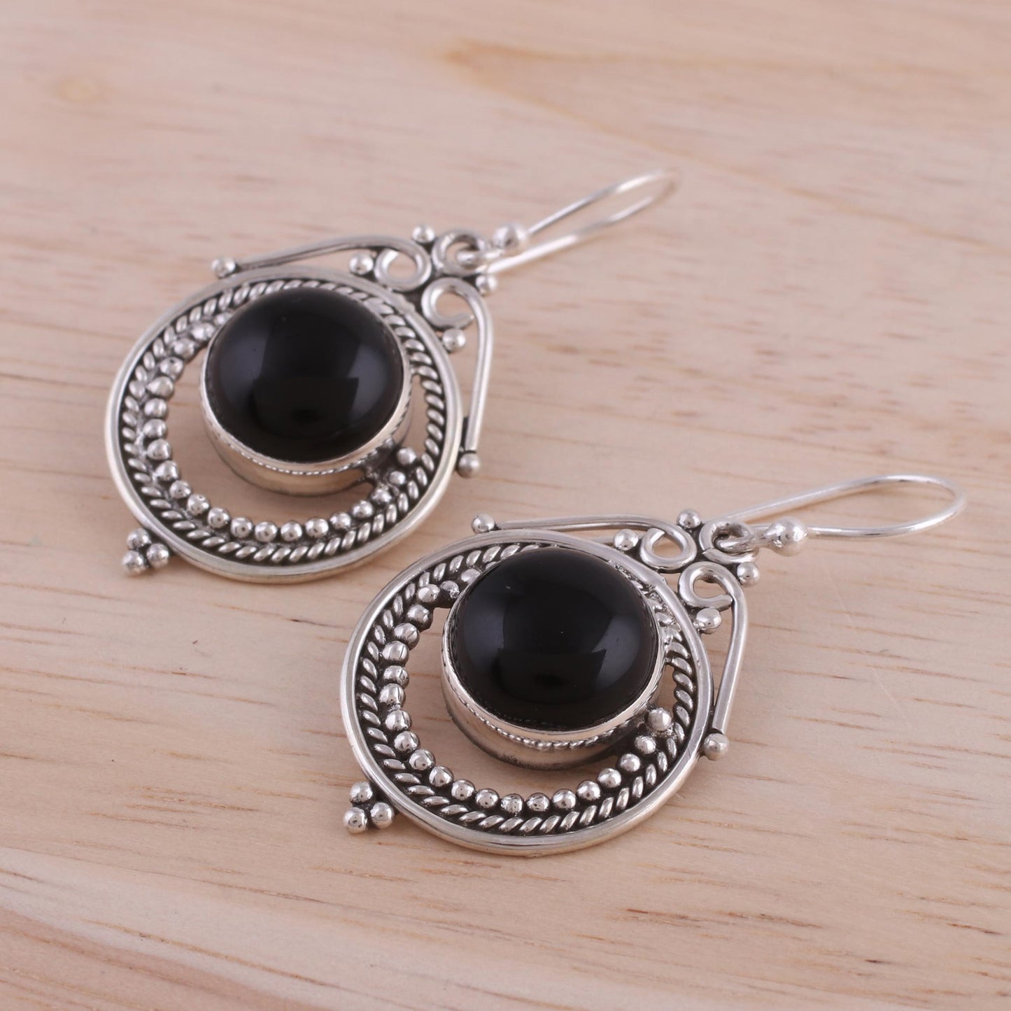 Elegant Globes Onyx and Sterling Silver Dangle Earrings from India