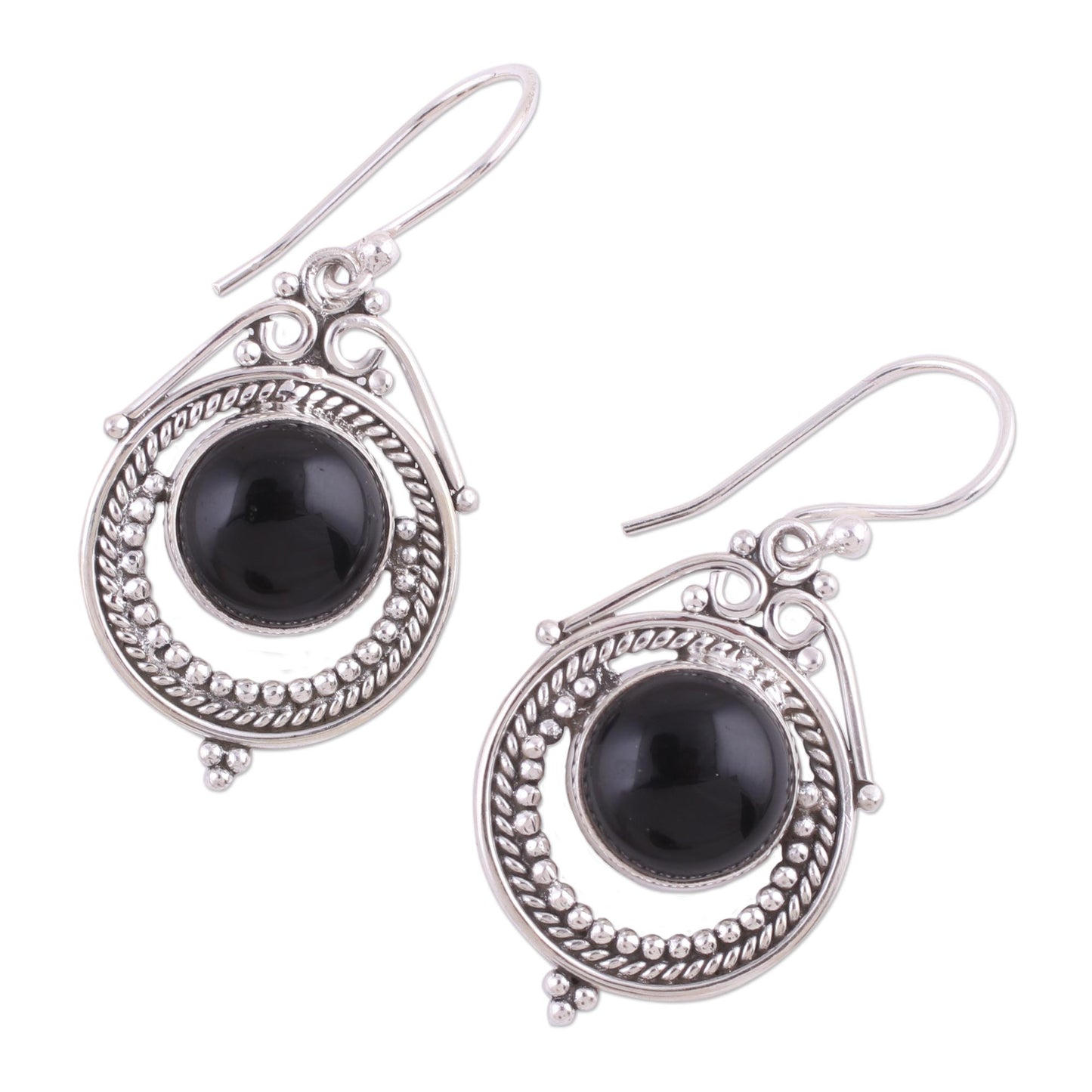 Elegant Globes Onyx and Sterling Silver Dangle Earrings from India