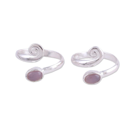 Pink Curl Two Rose Quartz and Sterling Silver Toe Rings from India