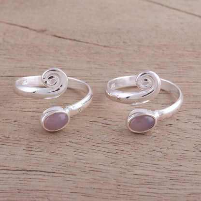 Pink Curl Two Rose Quartz and Sterling Silver Toe Rings from India