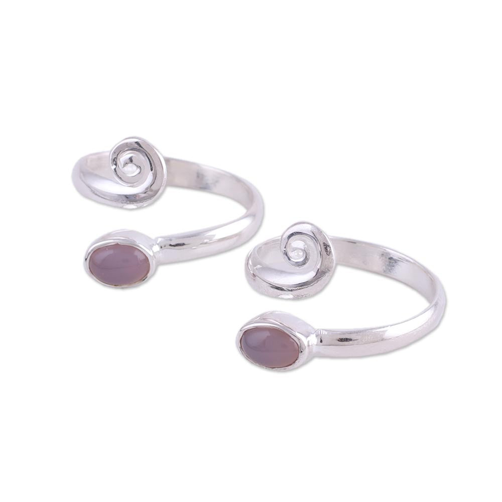 Pink Curl Two Rose Quartz and Sterling Silver Toe Rings from India