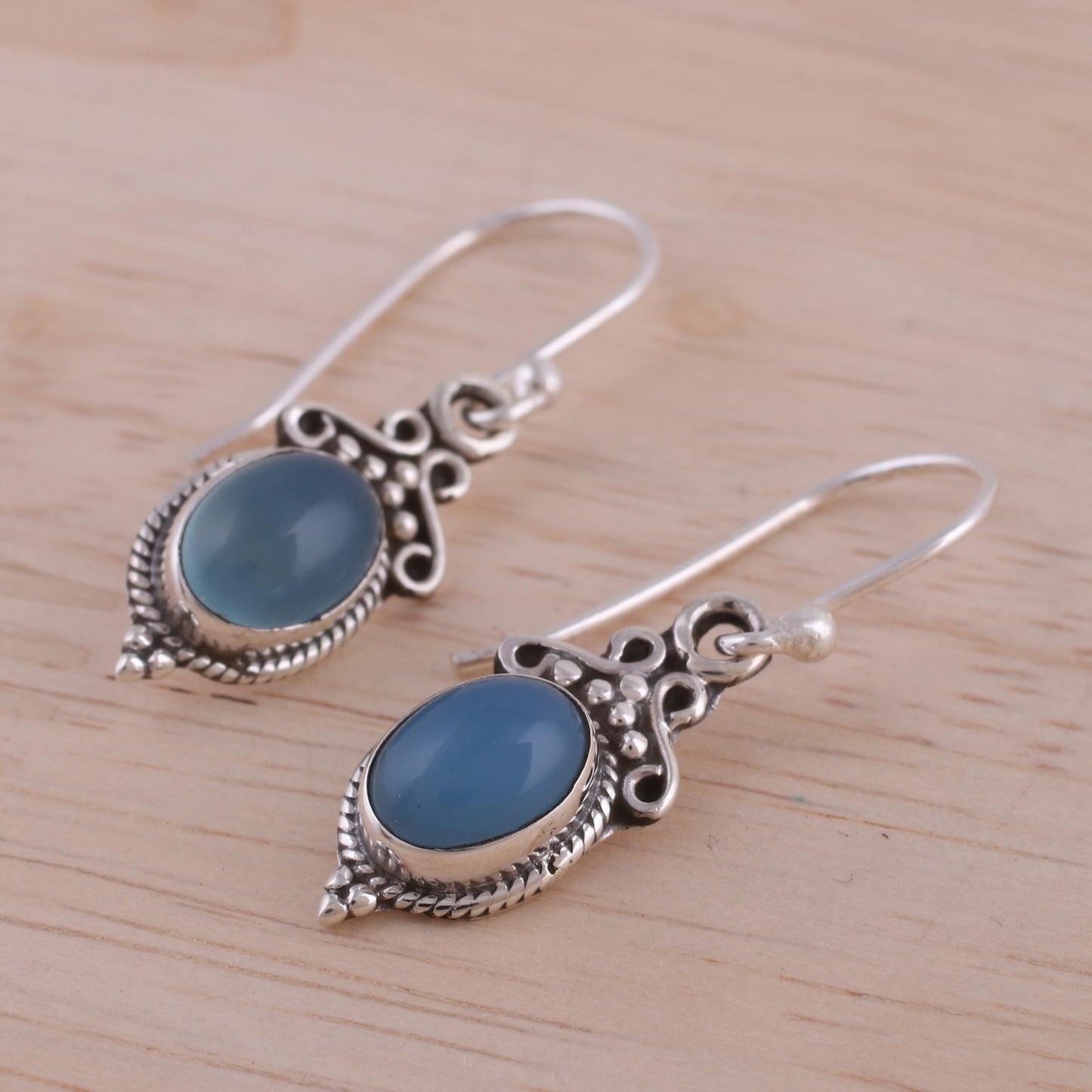 Elegant Gloss in Blue Blue Chalcedony and 925 Silver Dangle Earrings from India