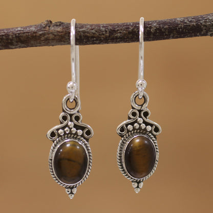 Sleek Charm Tiger's Eye and Sterling Silver Dangle Earrings from India