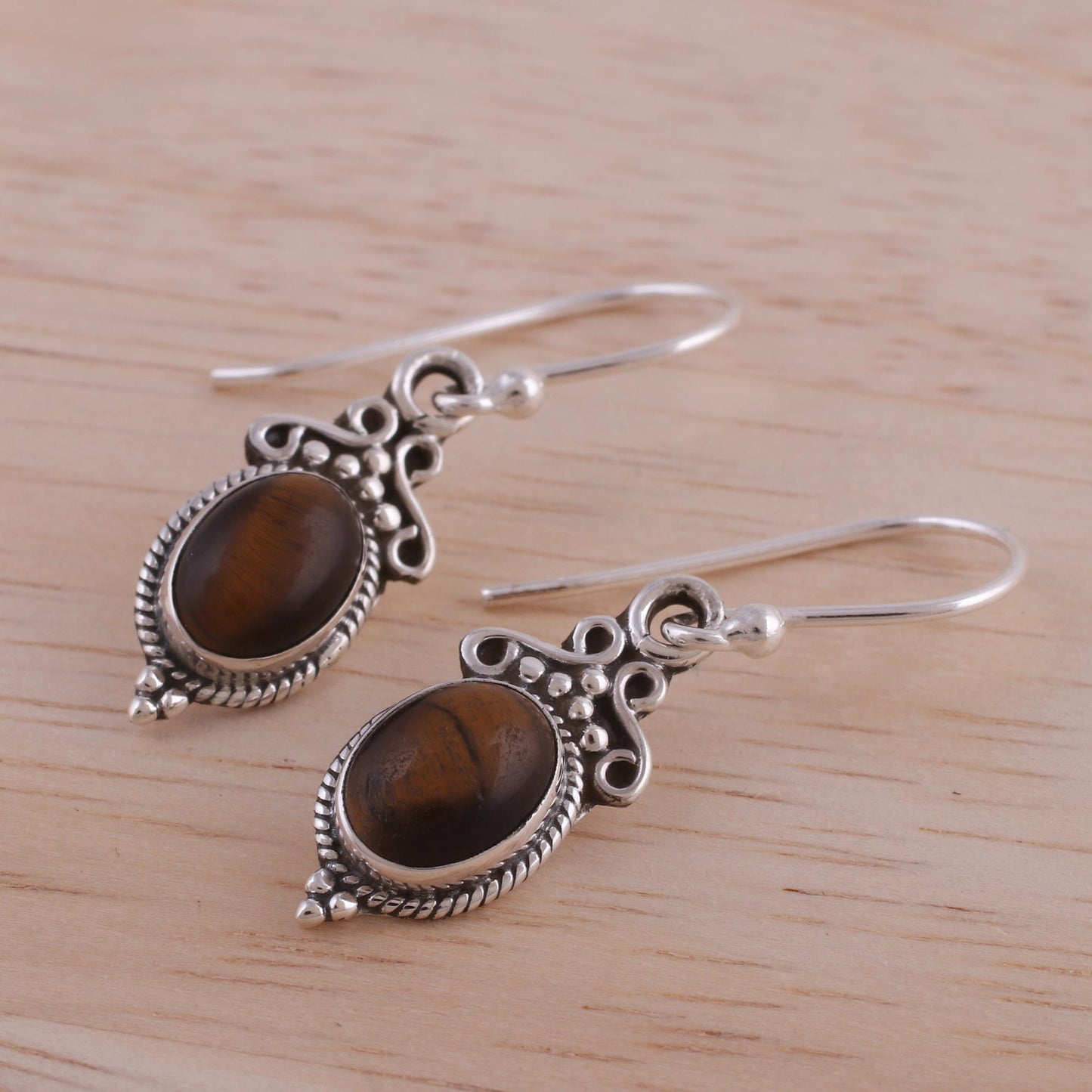 Sleek Charm Tiger's Eye and Sterling Silver Dangle Earrings from India