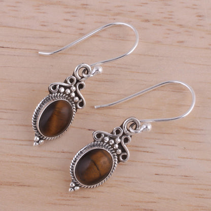 Sleek Charm Tiger's Eye and Sterling Silver Dangle Earrings from India