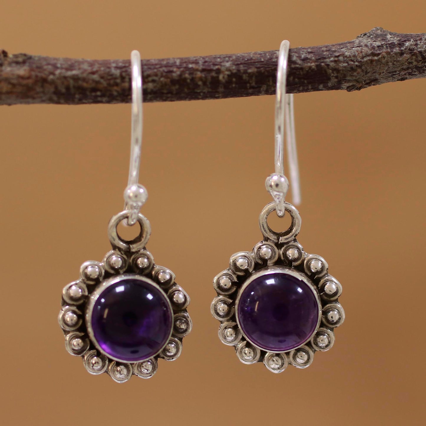 Purple Appeal Indian Amethyst and Sterling Silver Floral Dangle Earrings