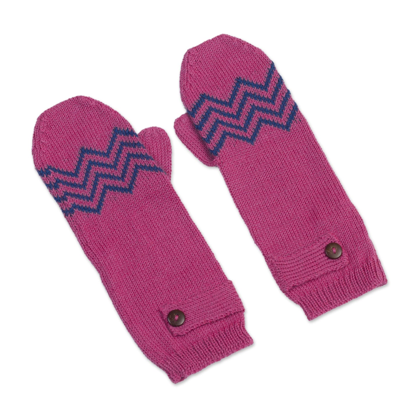 Zigzag Warmth in Delft Blue Alpaca Blend Mittens in Rose and Delft Blue from Peru