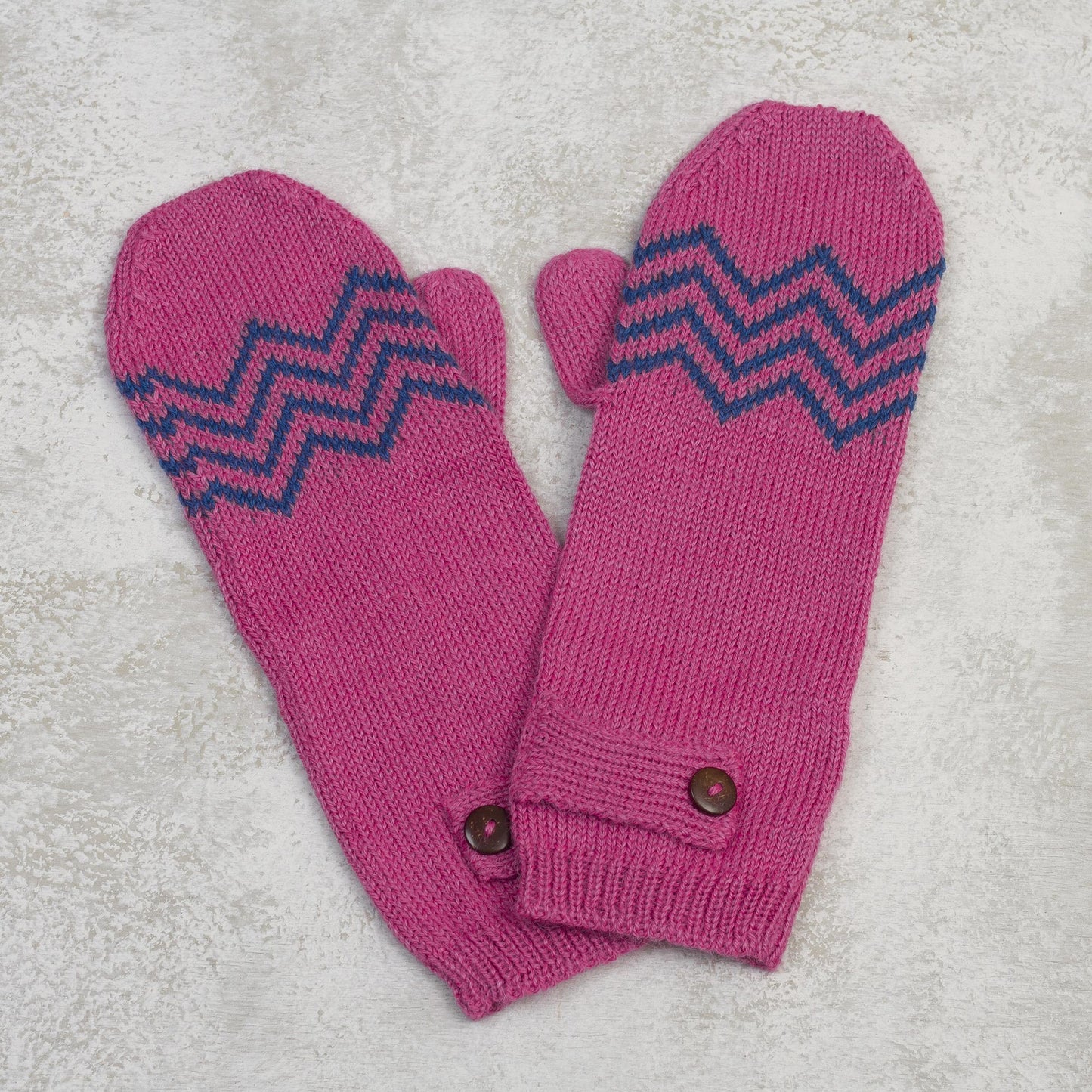 Zigzag Warmth in Delft Blue Alpaca Blend Mittens in Rose and Delft Blue from Peru