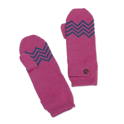 Zigzag Warmth in Delft Blue Alpaca Blend Mittens in Rose and Delft Blue from Peru