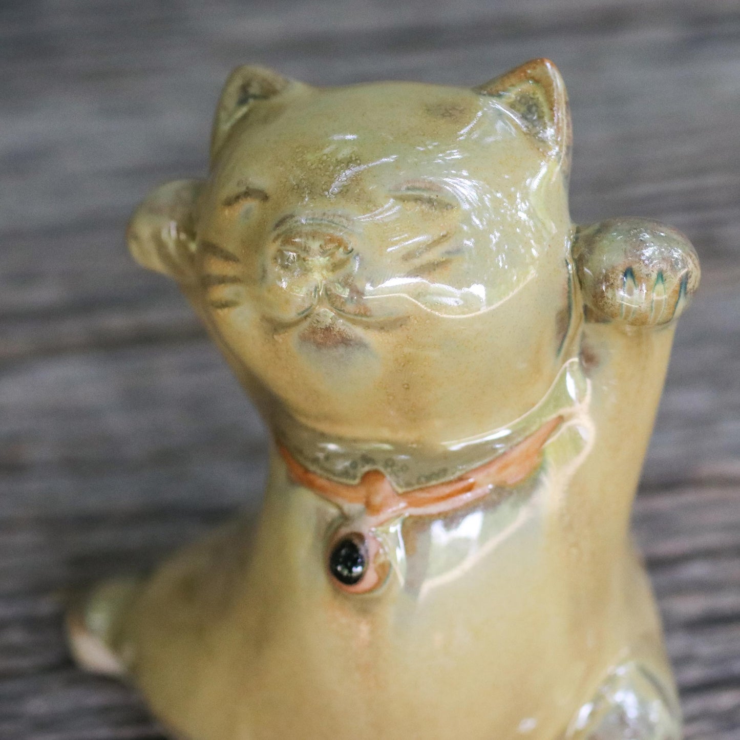 Playful Good Luck Cats 2 Yellow Ceramic Lucky Cat Figurines Crafted in Thailand