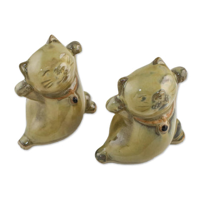 Playful Good Luck Cats 2 Yellow Ceramic Lucky Cat Figurines Crafted in Thailand