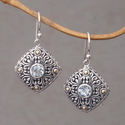 Swirling Facade Gold Accent Blue Topaz Swirl Motif Dangle Earrings from Bali