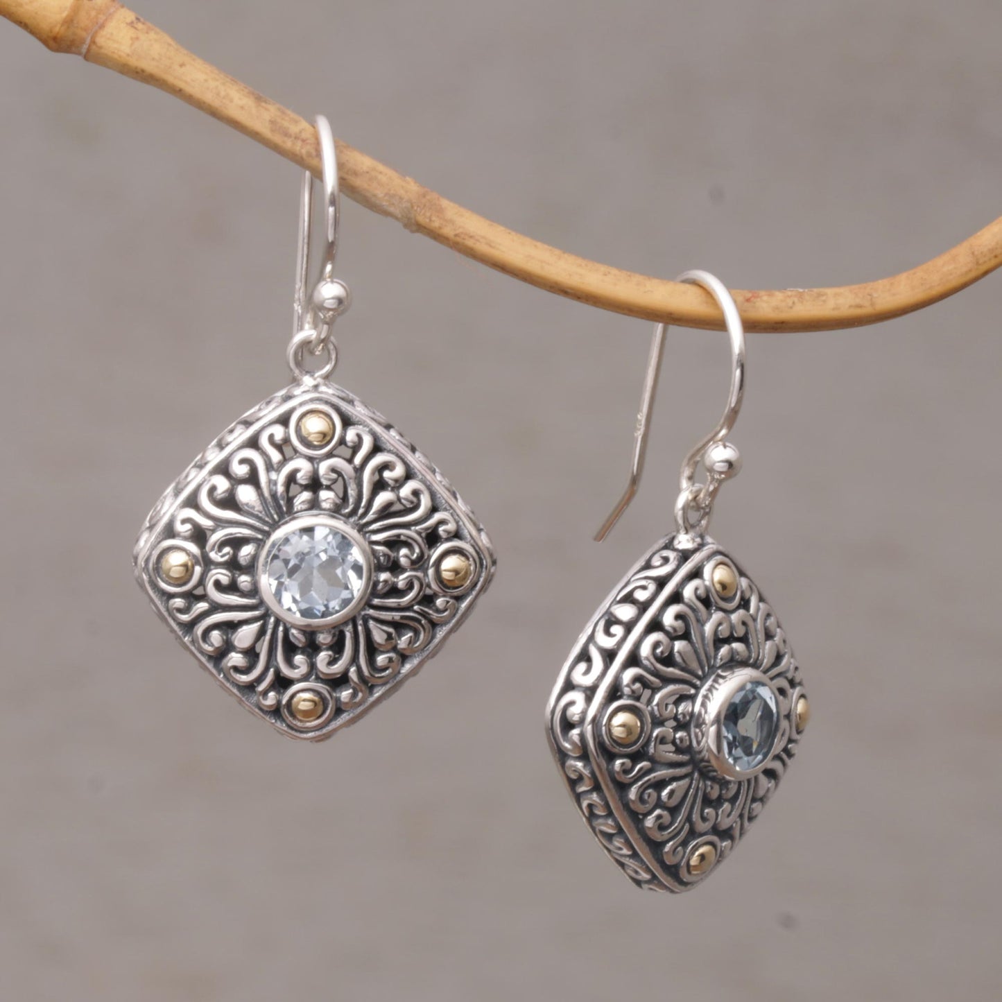 Swirling Facade Gold Accent Blue Topaz Swirl Motif Dangle Earrings from Bali