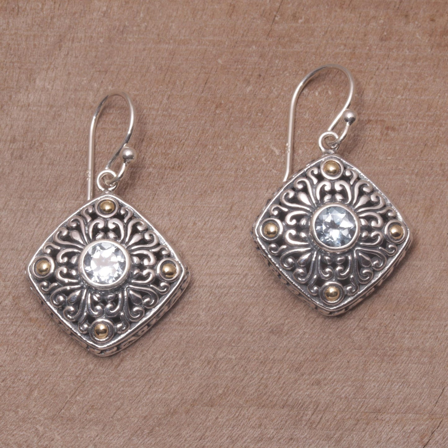 Swirling Facade Gold Accent Blue Topaz Swirl Motif Dangle Earrings from Bali